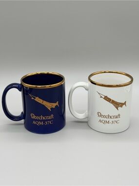 Vintage Beechcraft AQM-37C Jayhawk Target Drone Mug Pair Gold Rim Navy White USA